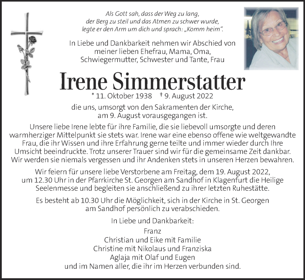  Traueranzeige für Irene Simmerstatter vom 18.08.2022 aus Kleine Zeitung