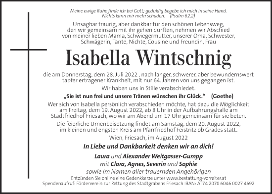 Traueranzeige von Isabella Wintschnig von Kleine Zeitung