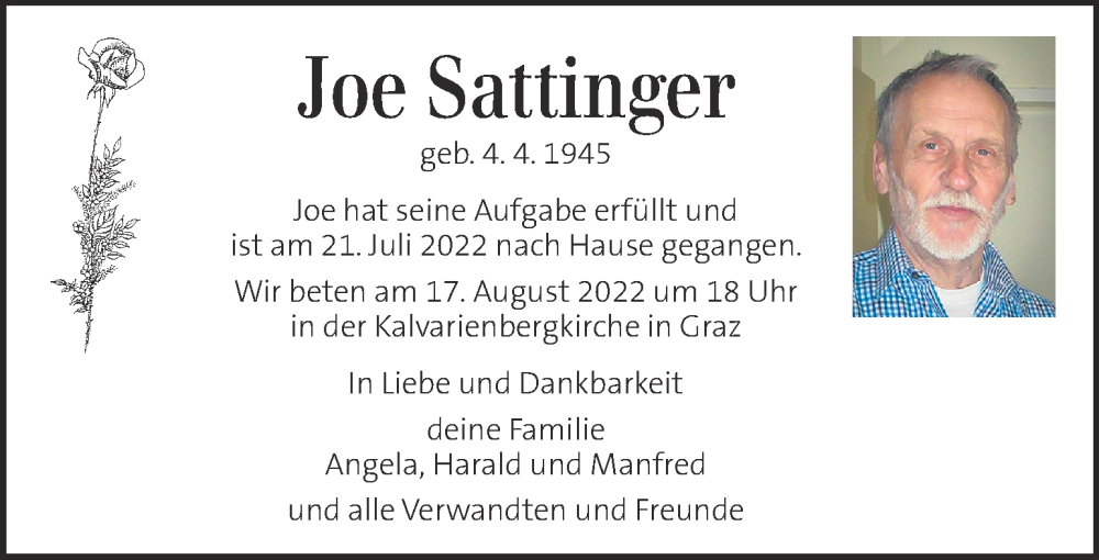  Traueranzeige für Joe Sattinger vom 13.08.2022 aus Kleine Zeitung