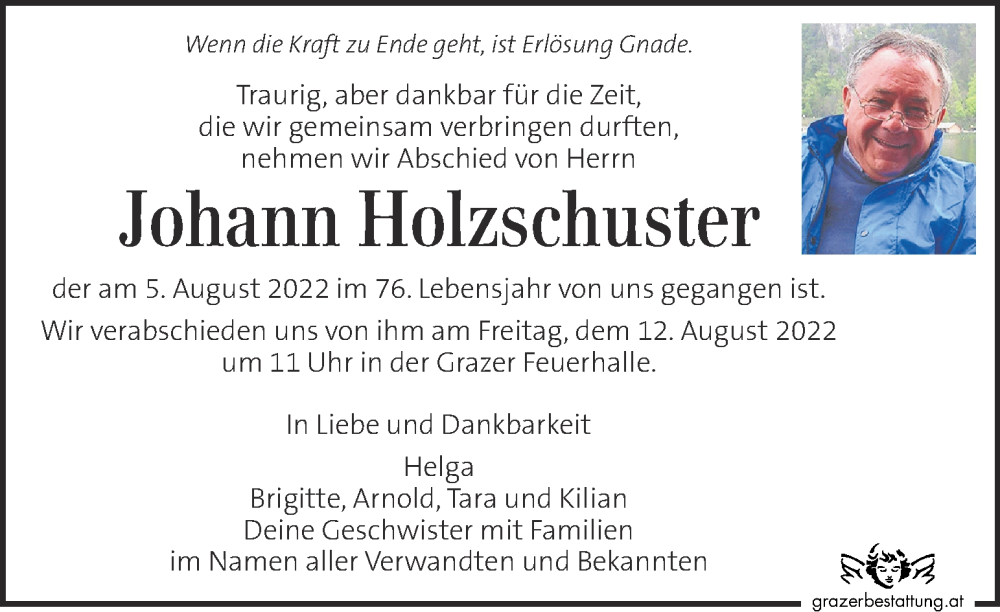  Traueranzeige für Johann Holzschuster vom 10.08.2022 aus Kleine Zeitung