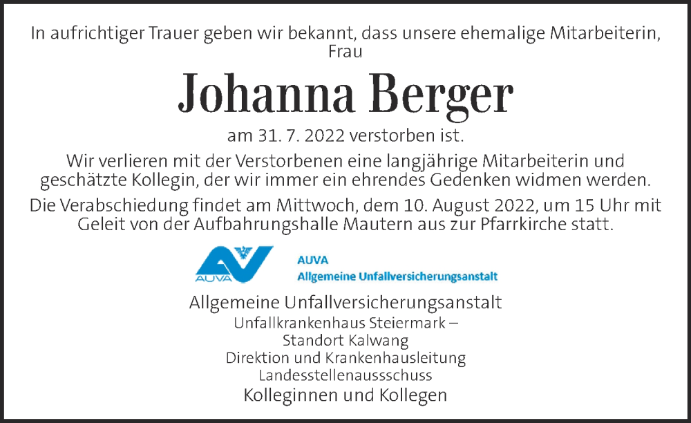  Traueranzeige für Johanna Berger vom 06.08.2022 aus Kleine Zeitung