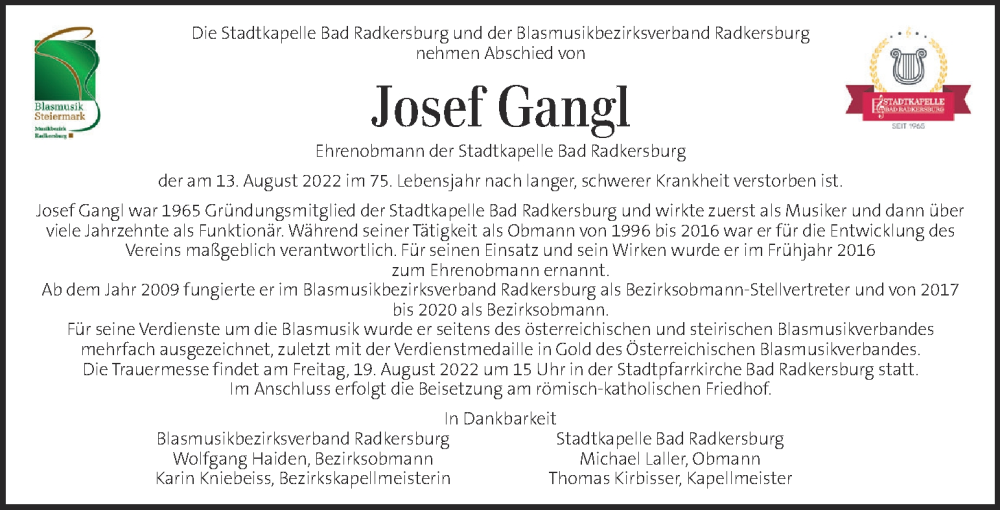  Traueranzeige für Josef Gangl vom 17.08.2022 aus Kleine Zeitung