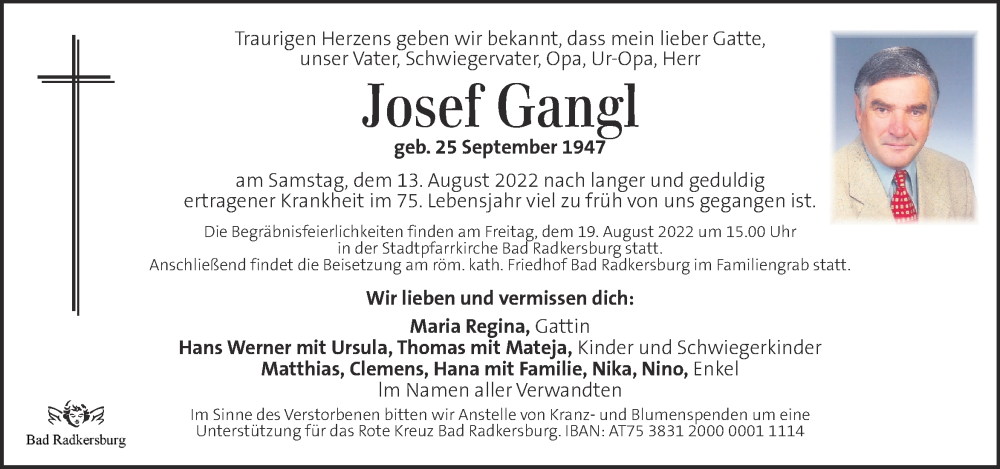  Traueranzeige für Josef Gangl vom 18.08.2022 aus Kleine Zeitung