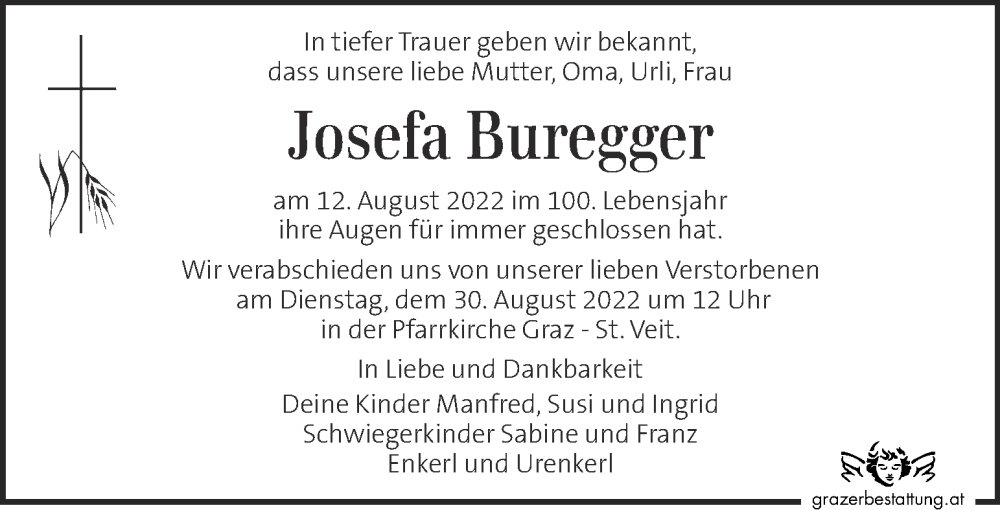  Traueranzeige für Josefa Buregger vom 24.08.2022 aus Kleine Zeitung
