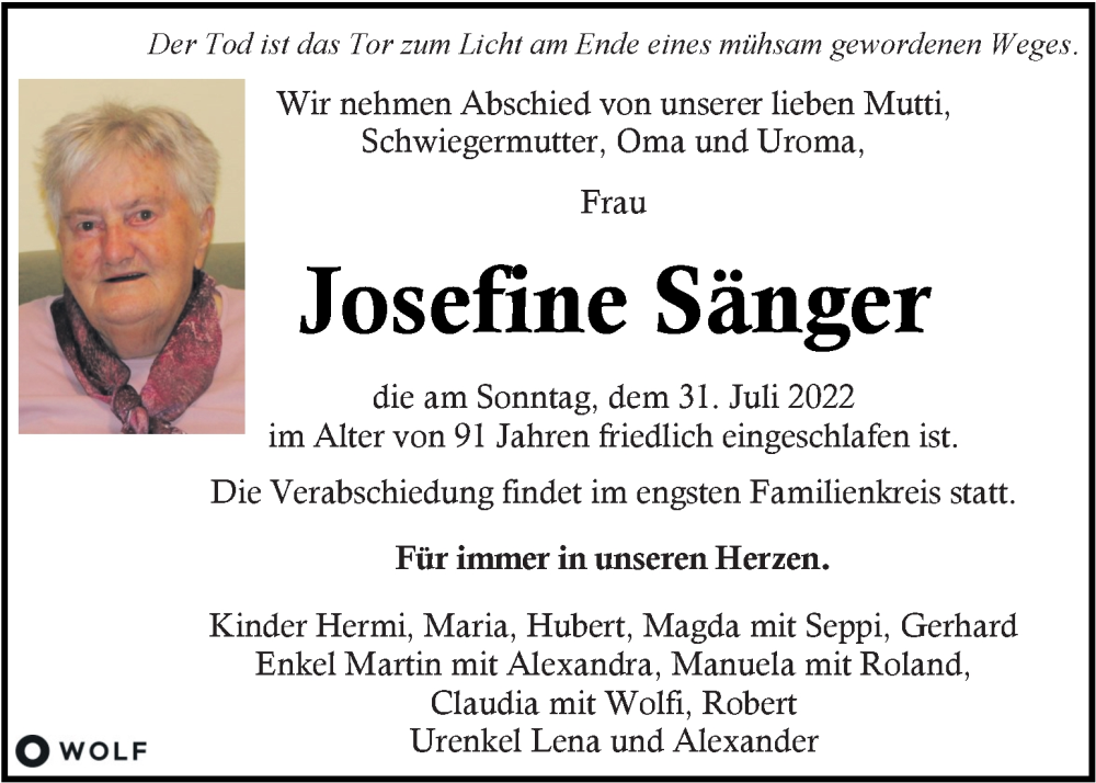  Traueranzeige für Josefine Sänger vom 04.08.2022 aus Kleine Zeitung