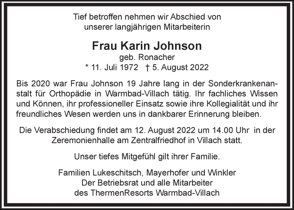  Traueranzeige für Karin Johnson vom 12.08.2022 aus Kleine Zeitung