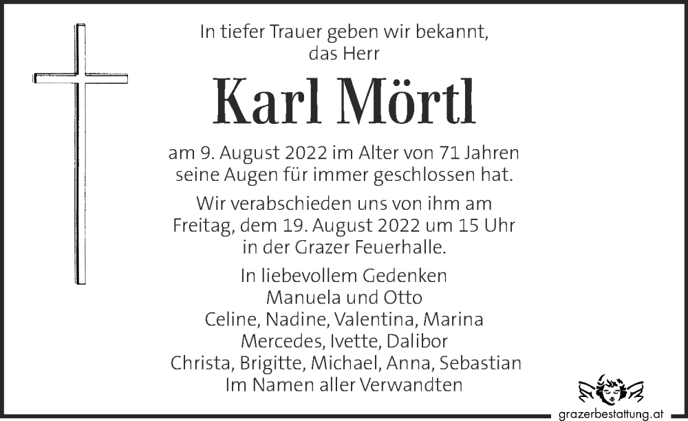  Traueranzeige für Karl Mörtl vom 14.08.2022 aus Kleine Zeitung