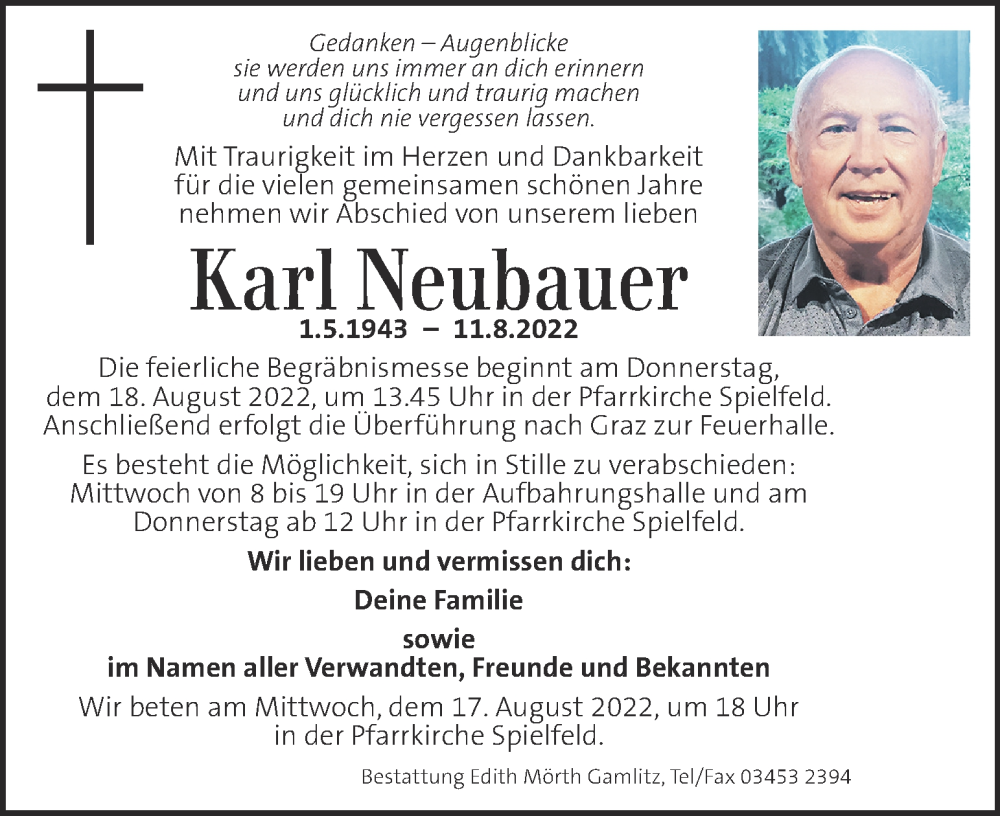  Traueranzeige für Karl Neubauer vom 14.08.2022 aus Kleine Zeitung