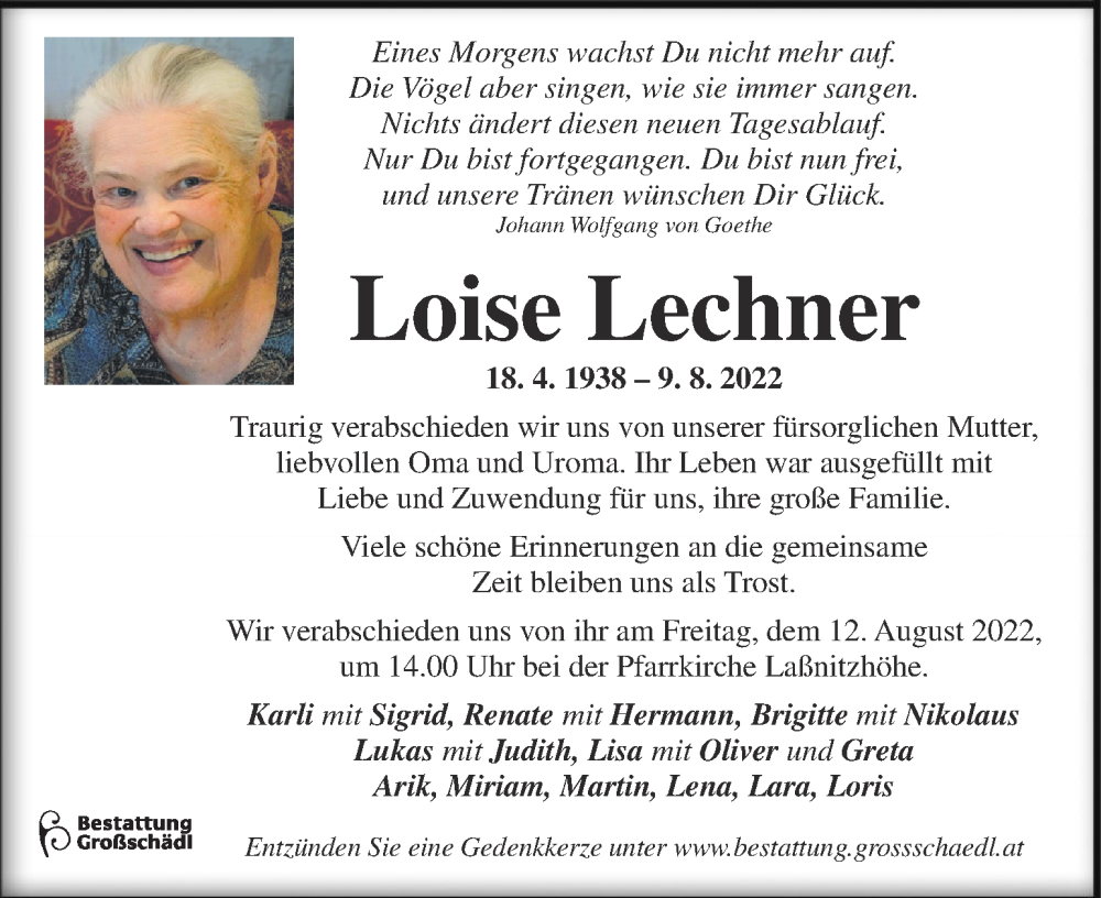  Traueranzeige für Loise Lechner vom 11.08.2022 aus Kleine Zeitung