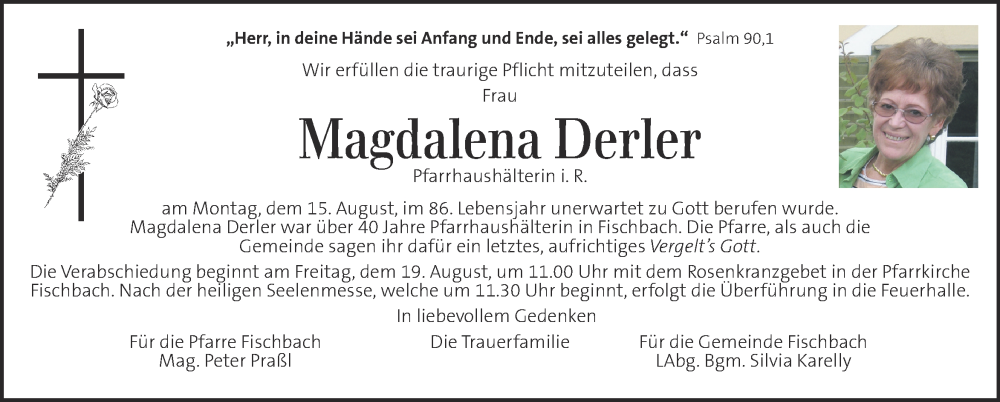 Traueranzeige für Magdalena Derler vom 18.08.2022 aus Kleine Zeitung