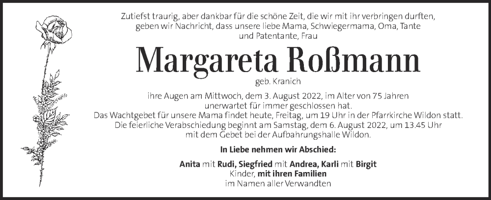  Traueranzeige für Margareta Roßmann vom 05.08.2022 aus Kleine Zeitung