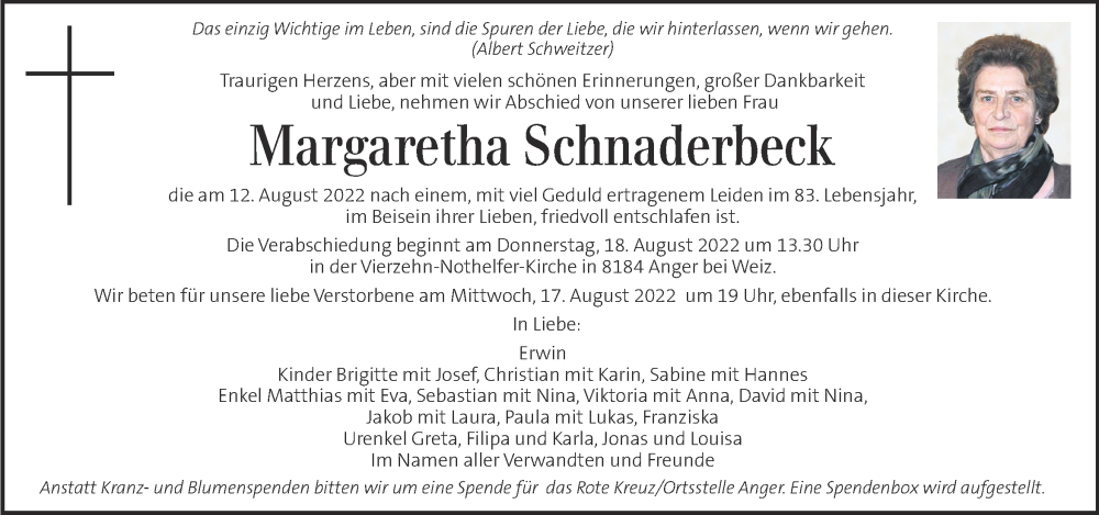  Traueranzeige für Margaretha Schnaderbeck vom 17.08.2022 aus Kleine Zeitung