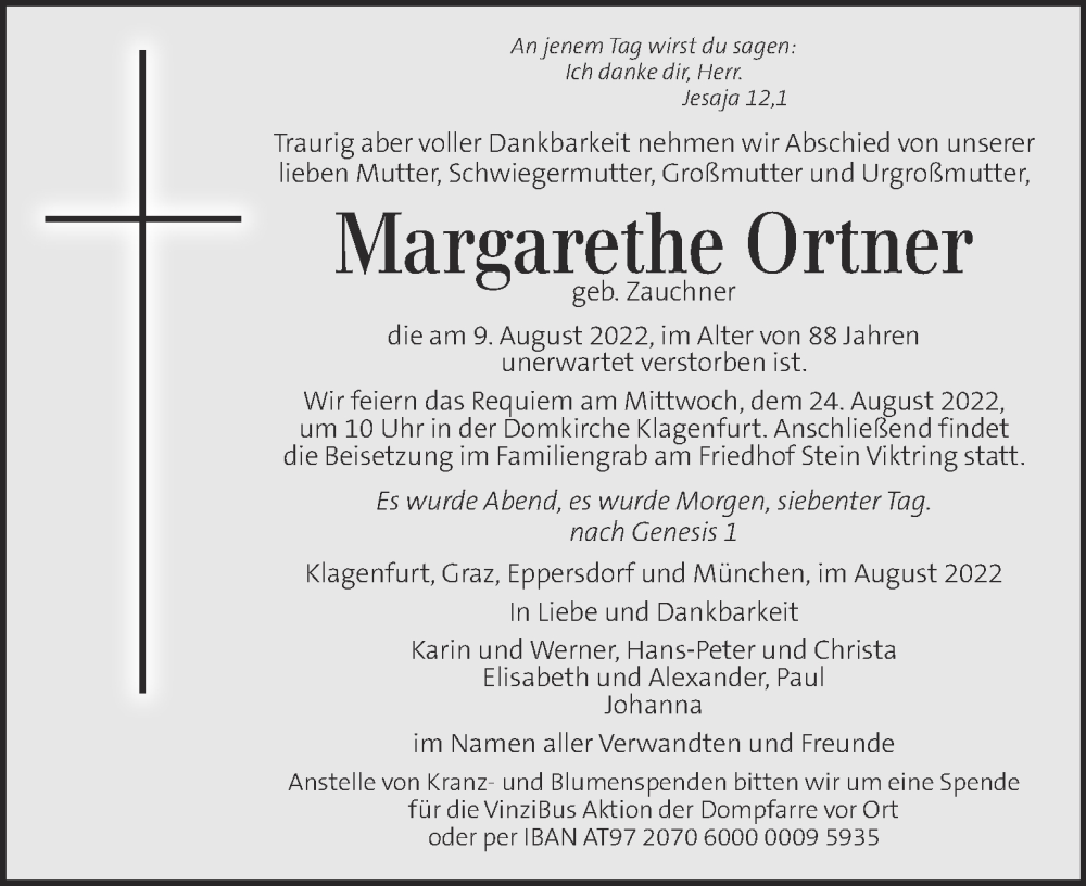  Traueranzeige für Margarethe Ortner vom 13.08.2022 aus Kleine Zeitung