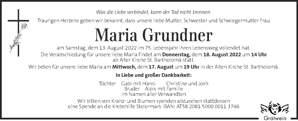  Traueranzeige für Maria Grundner vom 17.08.2022 aus Kleine Zeitung