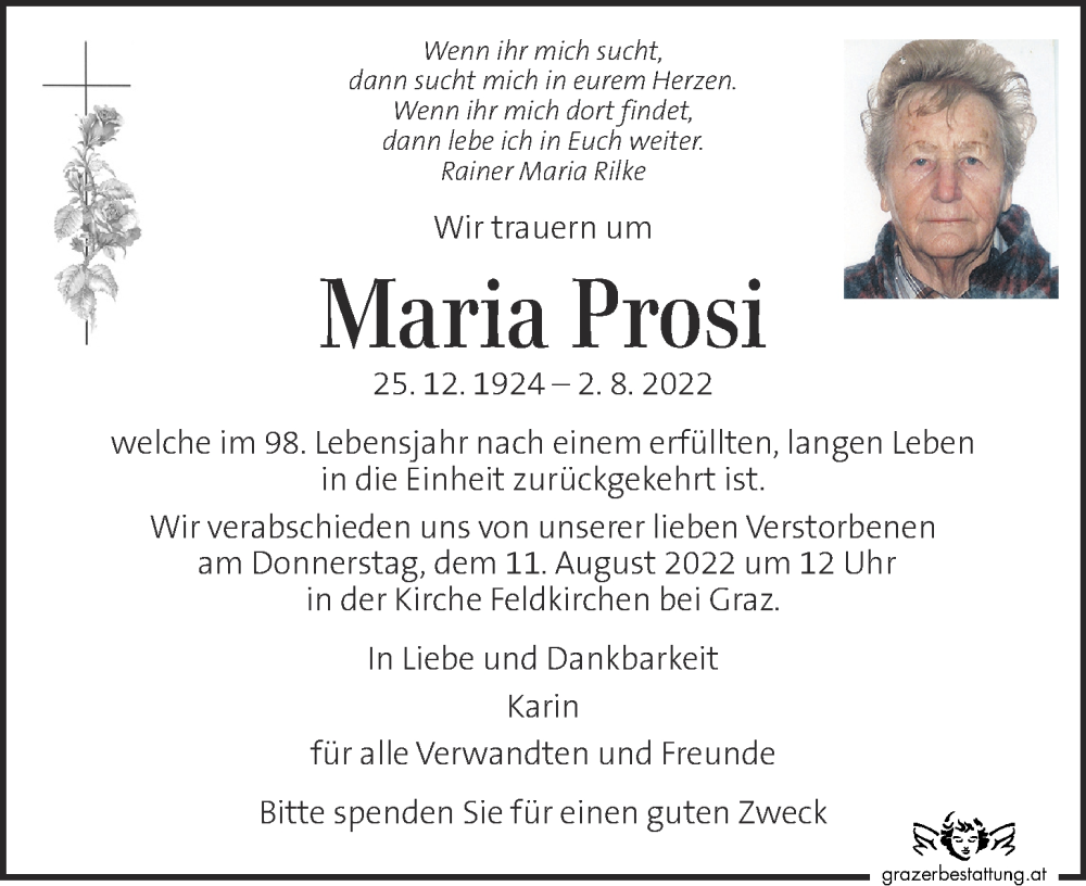  Traueranzeige für Maria Prosi vom 06.08.2022 aus Kleine Zeitung