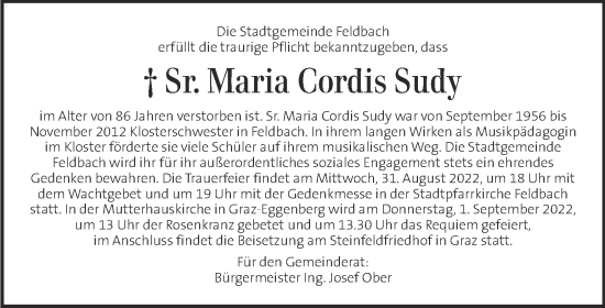 Traueranzeige von Maria Cordis Sudy von Kleine Zeitung