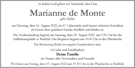 Traueranzeige von Marianne de Monte von Kleine Zeitung