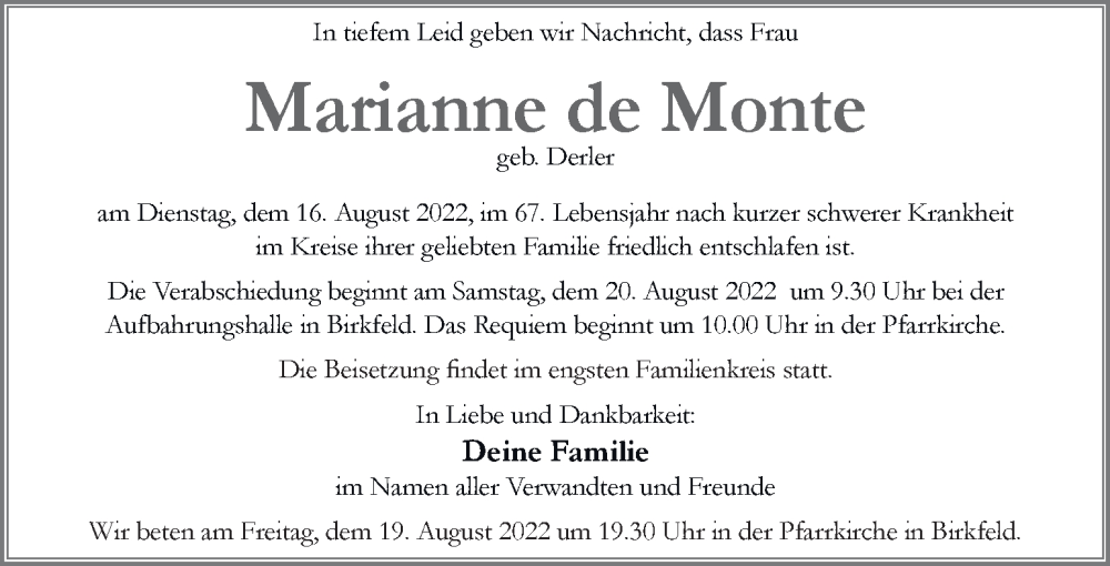  Traueranzeige für Marianne de Monte vom 18.08.2022 aus Kleine Zeitung