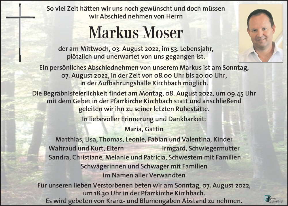  Traueranzeige für Markus Moser vom 06.08.2022 aus Kleine Zeitung