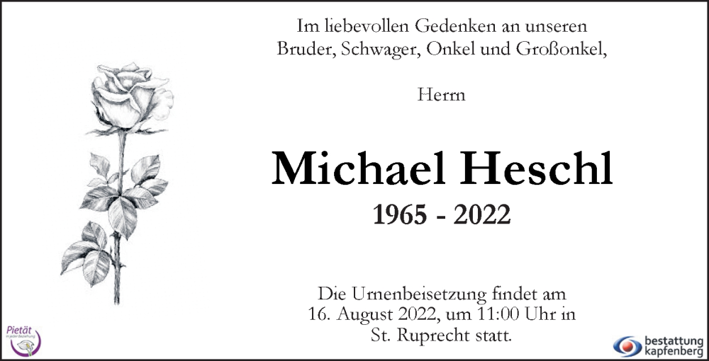  Traueranzeige für Michael Heschl vom 05.08.2022 aus Kleine Zeitung