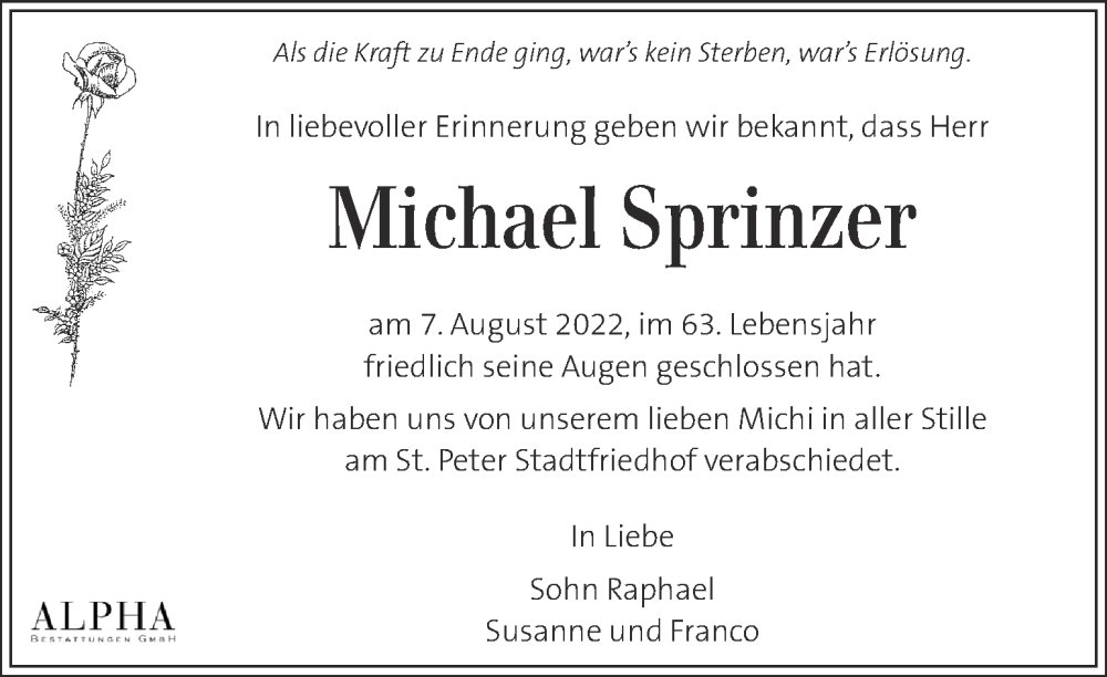  Traueranzeige für Michael Sprinzer vom 14.08.2022 aus Kleine Zeitung