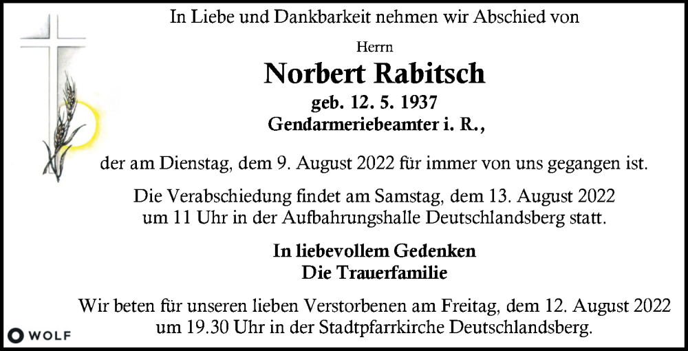  Traueranzeige für Norbert Rabitsch vom 12.08.2022 aus Kleine Zeitung