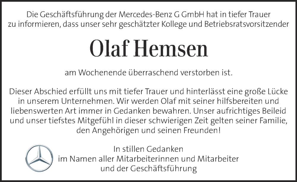  Traueranzeige für Olaf Hemsen vom 10.08.2022 aus Kleine Zeitung