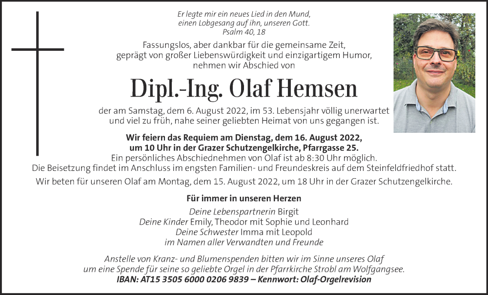  Traueranzeige für Olaf Hemsen vom 14.08.2022 aus Kleine Zeitung