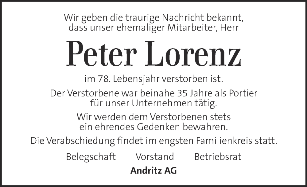  Traueranzeige für Peter Lorenz vom 14.08.2022 aus Kleine Zeitung