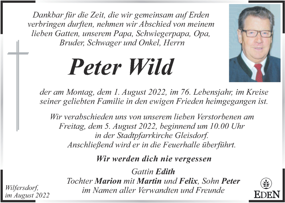  Traueranzeige für Peter Wild vom 03.08.2022 aus Kleine Zeitung