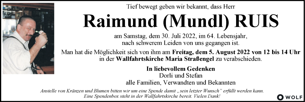  Traueranzeige für Raimund Ruis vom 03.08.2022 aus Kleine Zeitung