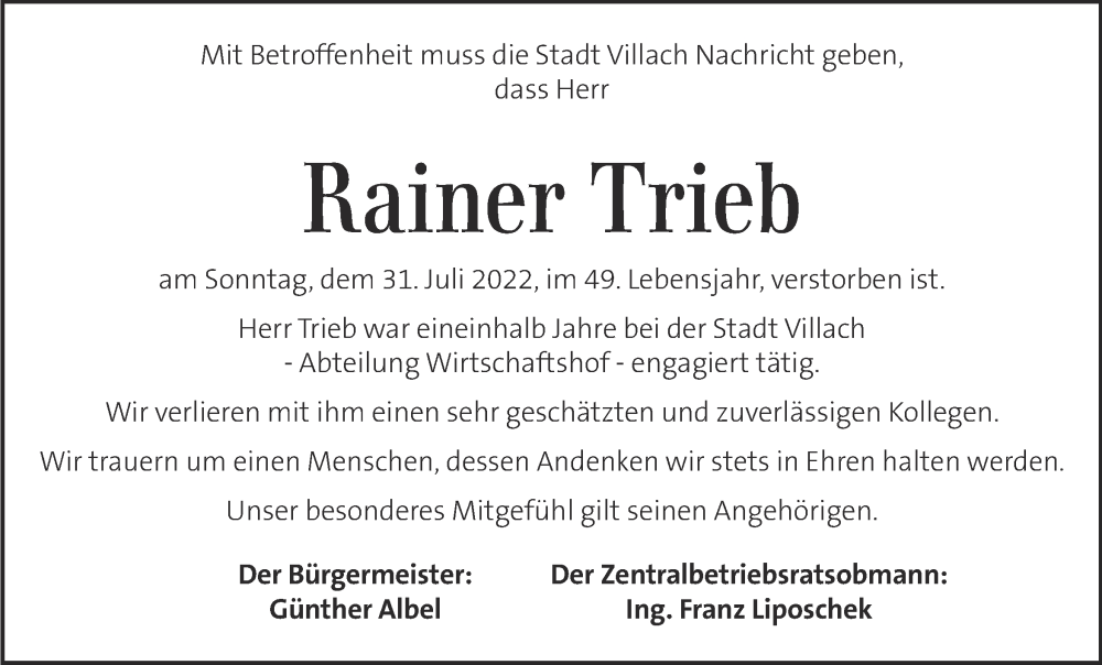  Traueranzeige für Rainer Trieb vom 06.08.2022 aus Kleine Zeitung