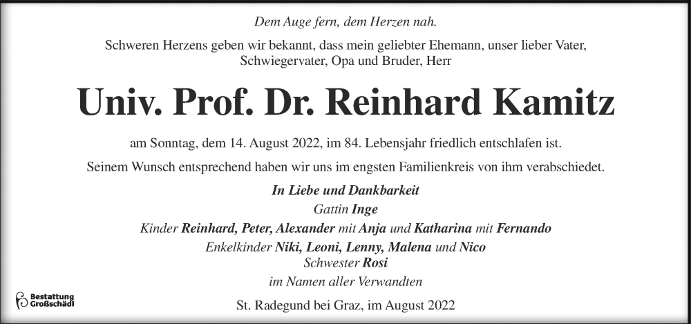  Traueranzeige für Reinhard Kamitz vom 21.08.2022 aus Kleine Zeitung