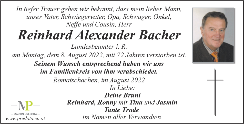  Traueranzeige für Reinhard Alexander Bacher vom 13.08.2022 aus Kleine Zeitung