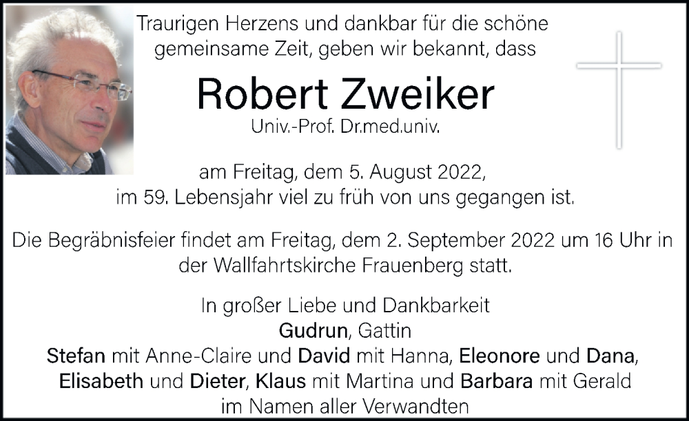  Traueranzeige für Robert Zweiker vom 10.08.2022 aus Kleine Zeitung