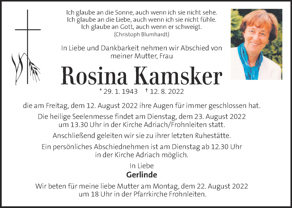  Traueranzeige für Rosina Kamsker vom 17.08.2022 aus Kleine Zeitung