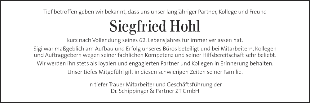  Traueranzeige für Siegfried Hohl vom 12.08.2022 aus Kleine Zeitung