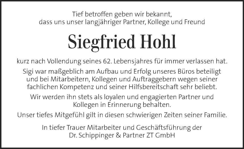  Traueranzeige für Siegfried Hohl vom 18.08.2022 aus Kleine Zeitung