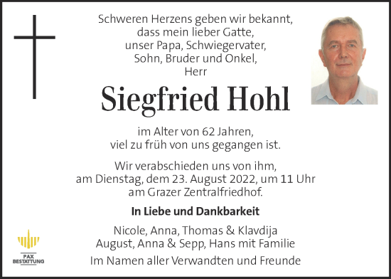 Traueranzeige von Siegfried Hohl von Kleine Zeitung
