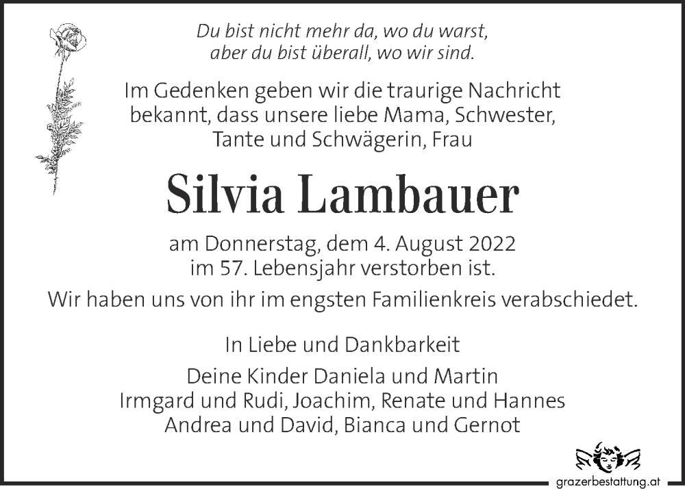  Traueranzeige für Silvia Lambauer vom 19.08.2022 aus Kleine Zeitung