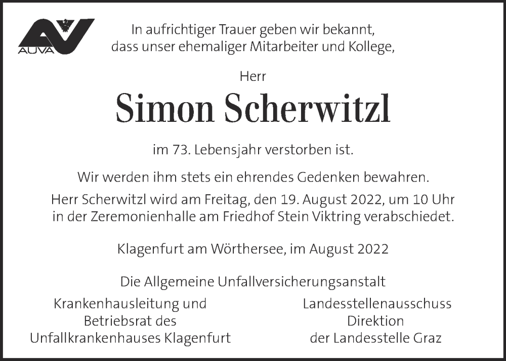  Traueranzeige für Simon Scherwitzl vom 18.08.2022 aus Kleine Zeitung