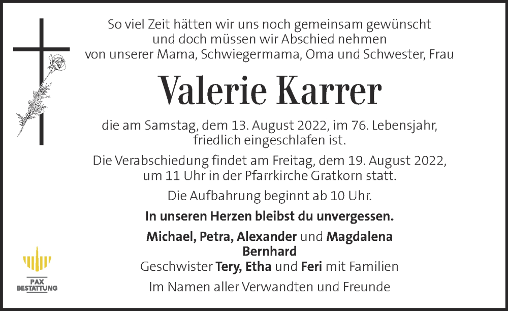  Traueranzeige für Valerie Karrer vom 18.08.2022 aus Kleine Zeitung