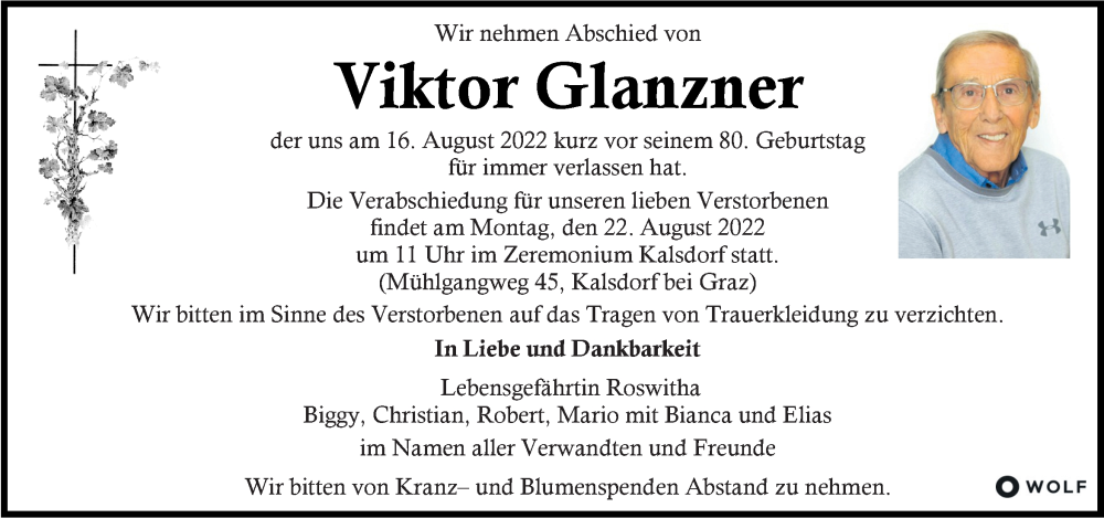  Traueranzeige für Viktor Glanzner vom 19.08.2022 aus Kleine Zeitung