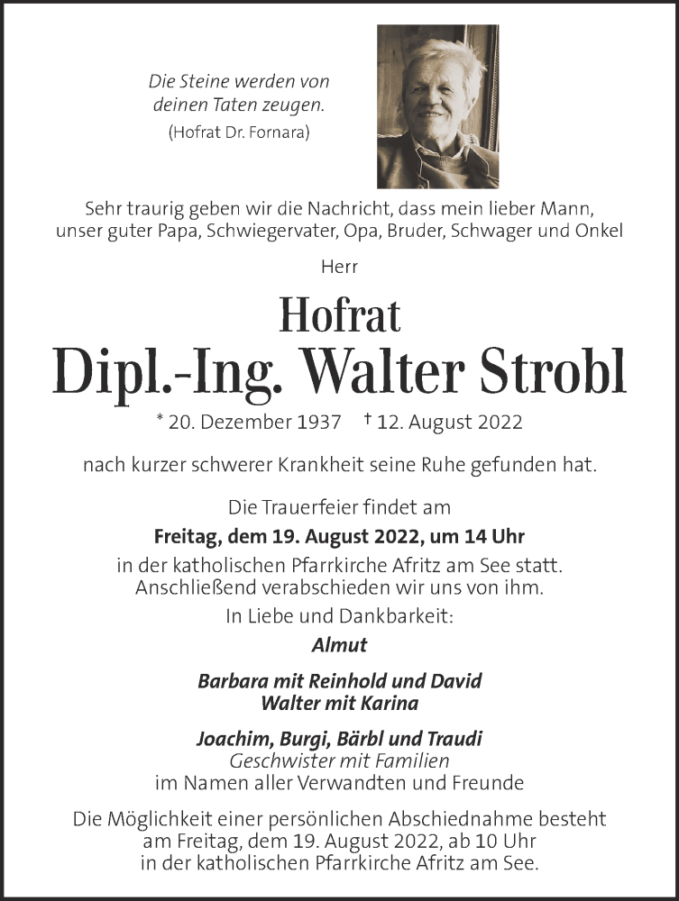  Traueranzeige für Walter Strobl vom 18.08.2022 aus Kleine Zeitung