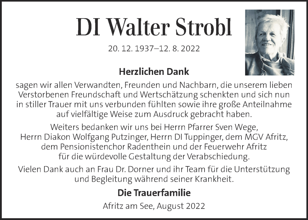  Traueranzeige für Walter Strobl vom 28.08.2022 aus Kleine Zeitung