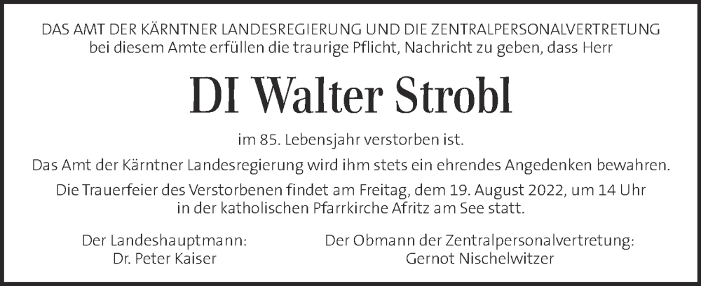  Traueranzeige für Walter Strobl vom 19.08.2022 aus Kleine Zeitung