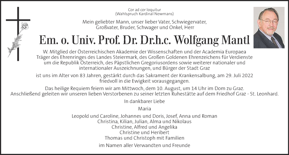  Traueranzeige für Wolfgang Mantl vom 04.08.2022 aus Kleine Zeitung