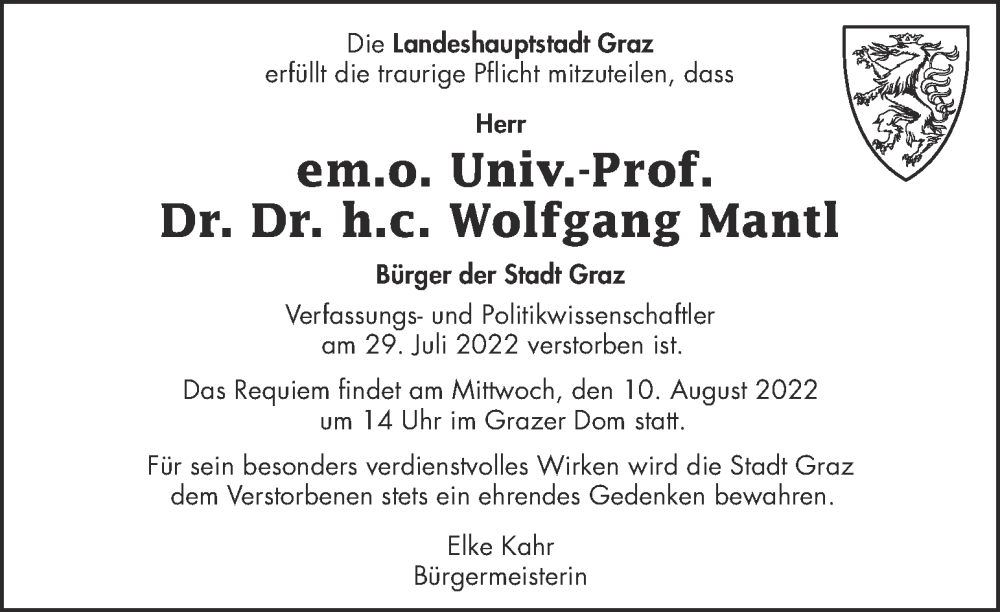  Traueranzeige für Wolfgang Mantl vom 05.08.2022 aus Kleine Zeitung