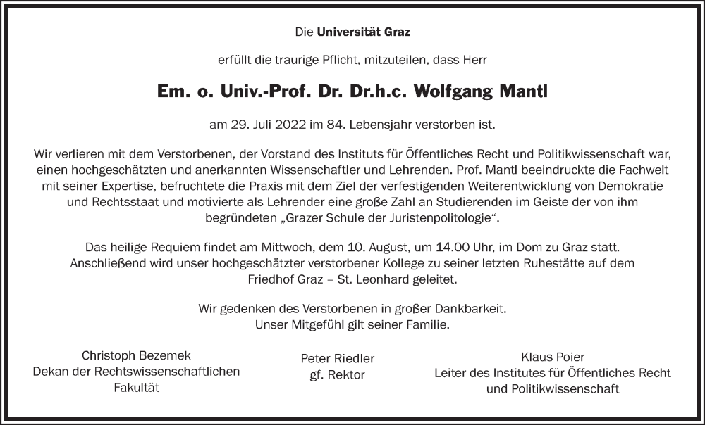  Traueranzeige für Wolfgang Mantl vom 06.08.2022 aus Kleine Zeitung