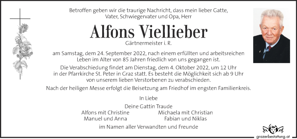  Traueranzeige für Alfons Viellieber vom 30.09.2022 aus Kleine Zeitung